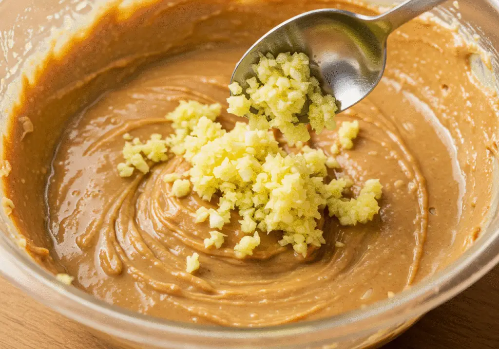 Adding minced garlic and ginger to the peanut sauce mixture for enhanced flavor.