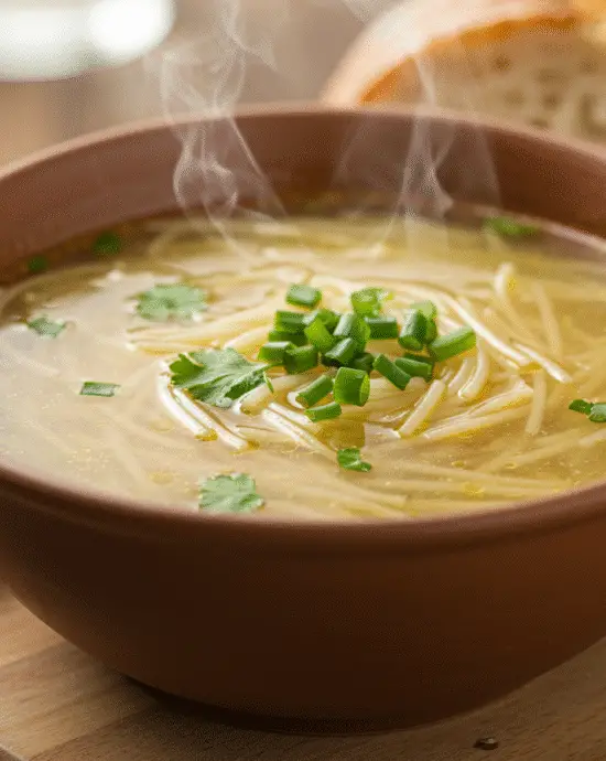 Bowl of Soupe Réconfortante aux Vermicelles, rich and comforting, ready to enjoy.