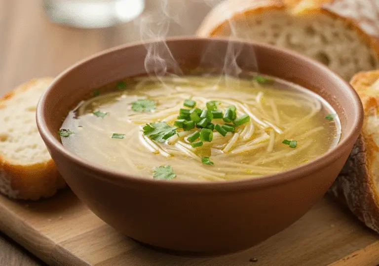 Bowl of Soupe Réconfortante aux Vermicelles, rich and comforting, ready to enjoy.