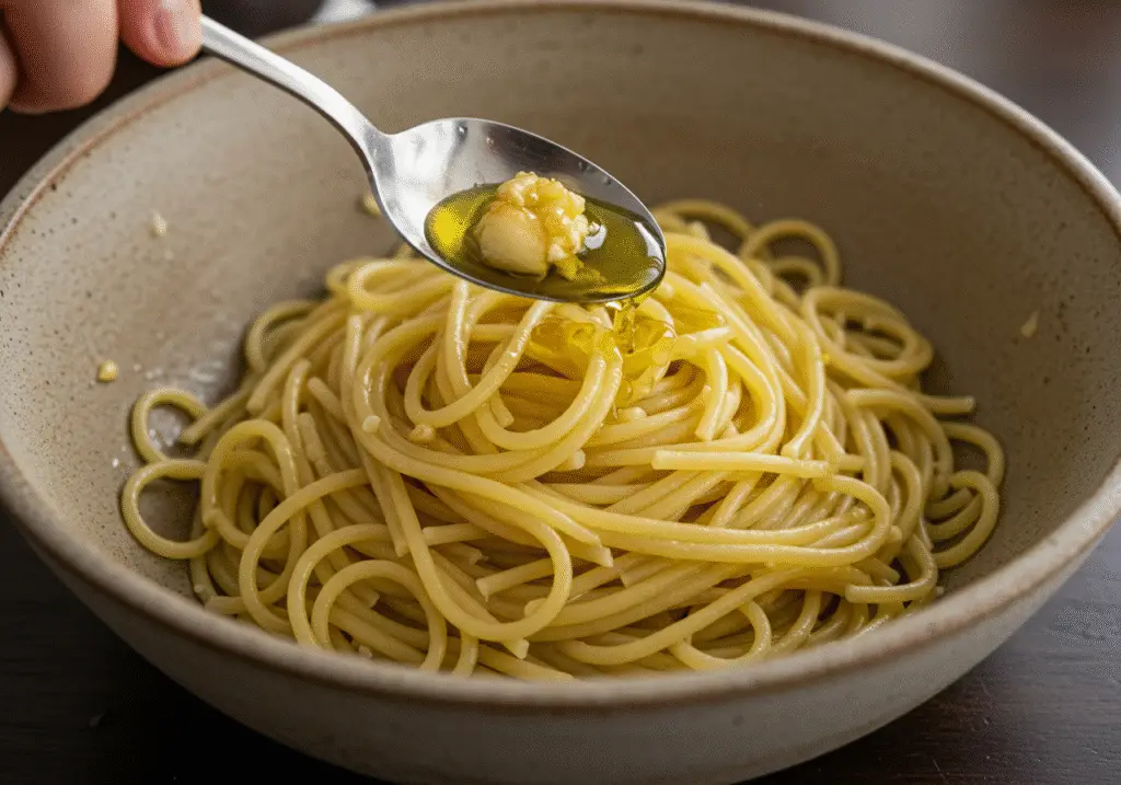 Mixing spaghetti with sautéed garlic and olive oil for Spaghetti de Minuit à la Ina Garten.