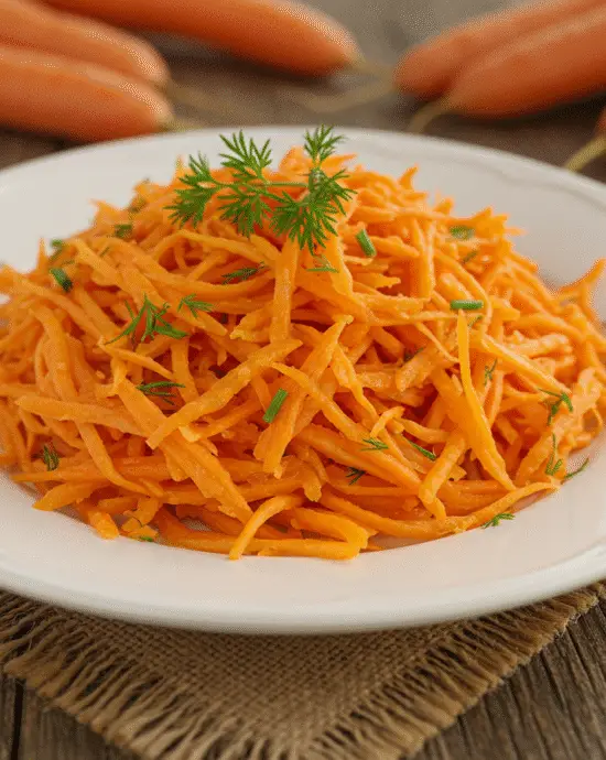 Finished vinaigrette simple pour carottes râpées ready to serve, showcasing colorful presentation.