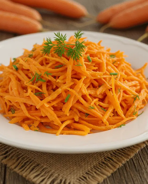 Finished vinaigrette simple pour carottes râpées ready to serve, showcasing colorful presentation.