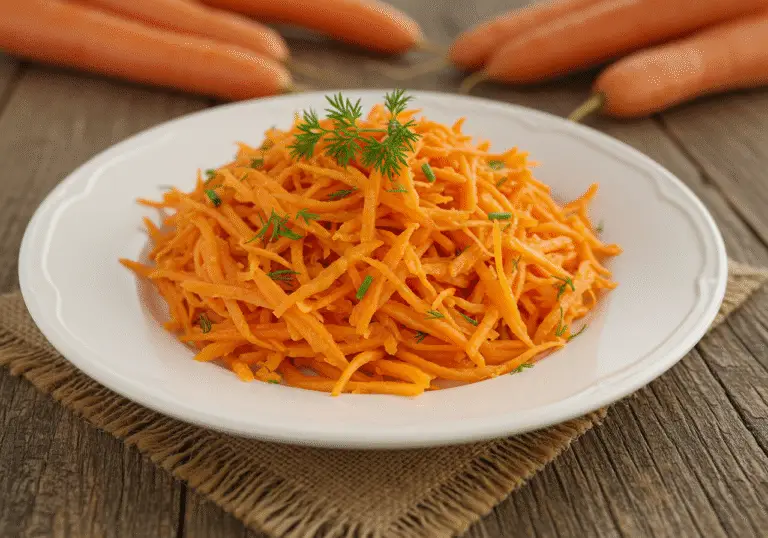 Finished vinaigrette simple pour carottes râpées ready to serve, showcasing colorful presentation.