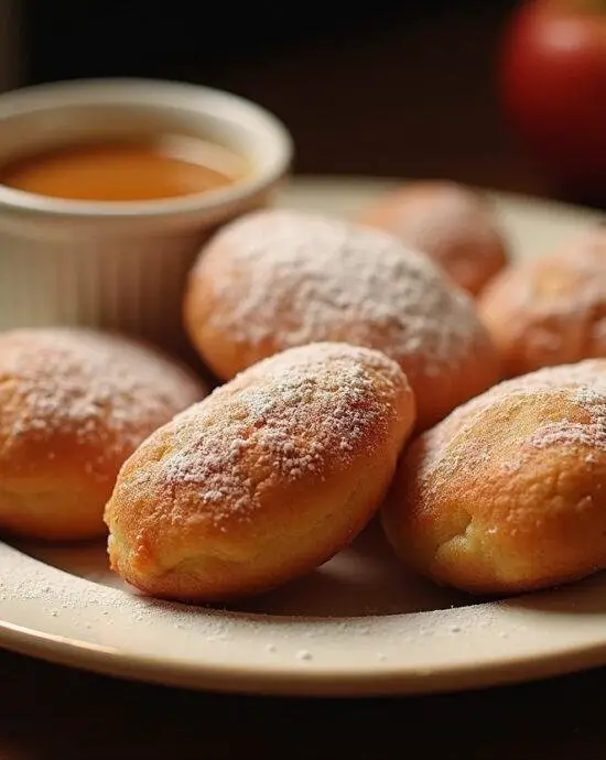 Beignets aux pommes moelleux présentés sur une assiette, avec un bol de sauce caramel, la délicieuse présentation des beignet au pomme.