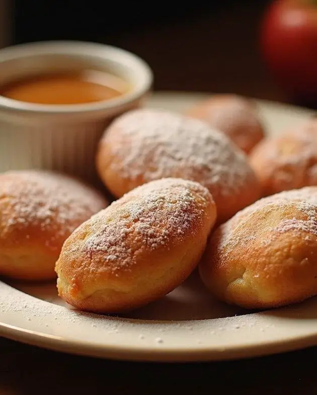 Beignets aux pommes moelleux présentés sur une assiette, avec un bol de sauce caramel, la délicieuse présentation des beignet au pomme.