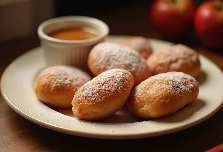 Beignets aux pommes moelleux présentés sur une assiette, avec un bol de sauce caramel, la délicieuse présentation des beignet au pomme.