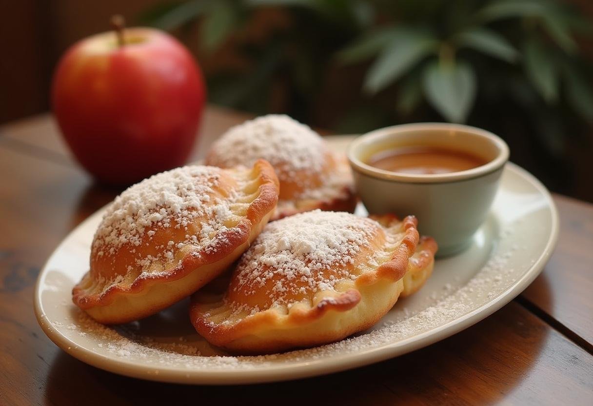 Beignets aux pommes moelleux présenté sur une assiette, avec un bol de sauce caramel, la délicieuse présentation des beignet au pomme.