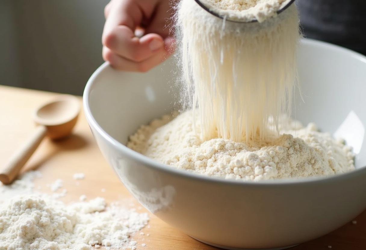 MĂ©lange des ingrĂ©dients secs pour de beignets aux pommes Ă la poĂȘle dans un grand bol, prĂ©paration pour les beignets au pomme.
