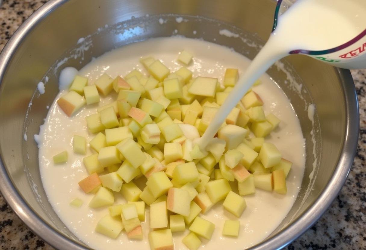 Ajout de morceaux de pommes au mélange pour beignets aux pommes moelleux, préparation des beignets au pomme avec du lait.
