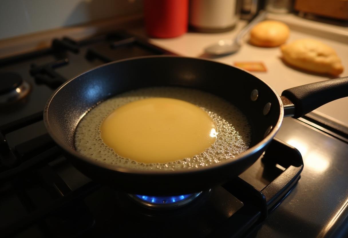 Friture de beignets aux pommes dans une poĂȘle sur la cuisiniĂšre, cuisson des de beignets aux pommes Ă la poĂȘle.
