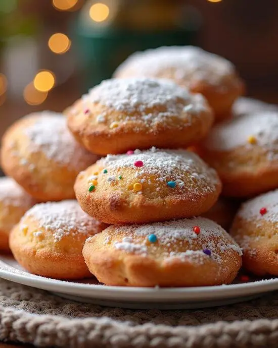 Beignets de carnaval authentiques présentés sur une assiette, saupoudrés de sucre glace et décorés de paillettes colorées, parfaits pour la fête.
