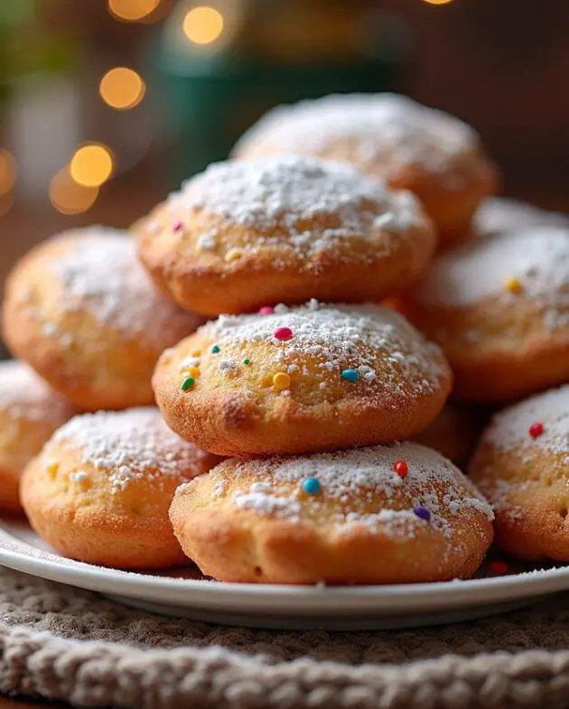 Beignets de carnaval authentiques présentés sur une assiette, saupoudrés de sucre glace et décorés de paillettes colorées, parfaits pour la fête.