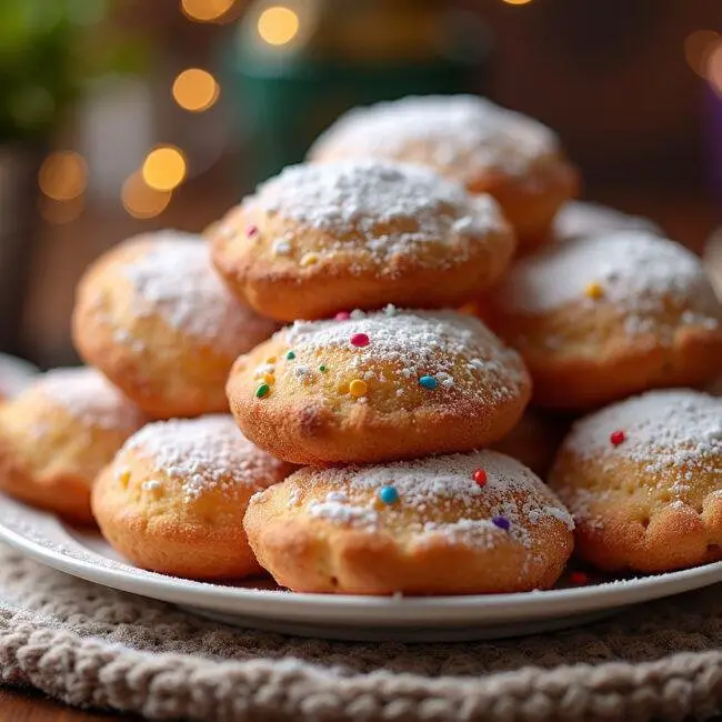 Beignets de carnaval authentiques présentés sur une assiette, saupoudrés de sucre glace et décorés de paillettes colorées, parfaits pour la fête.