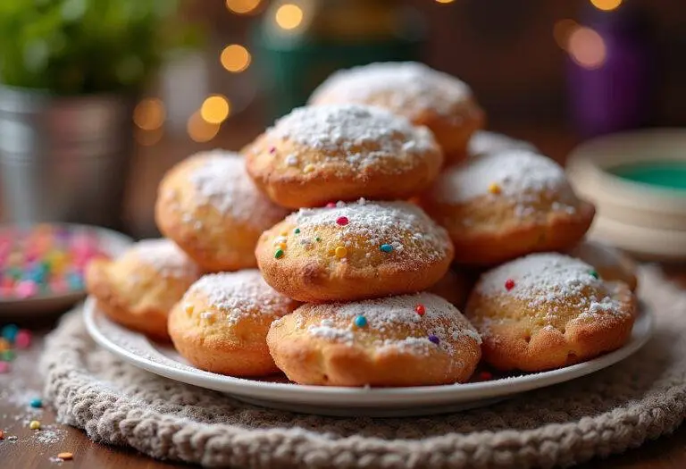 Beignets de carnaval authentiques présentés sur une assiette, saupoudrés de sucre glace et décorés de paillettes colorées, parfaits pour la fête.