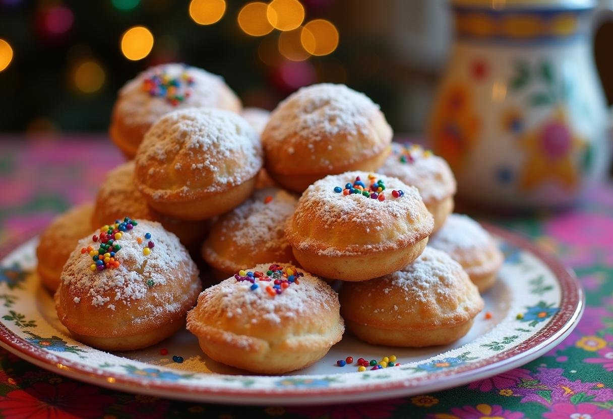 Beignets de carnaval authentiques présentés sur une assiette, saupoudrés de sucre glace et décorés de paillettes colorées, parfaits pour la fête.