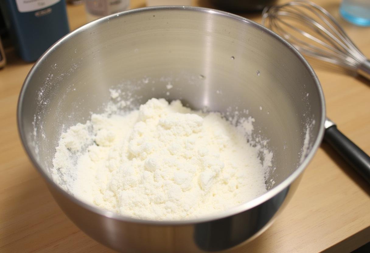 Préparation de la pâte pour les beignets de carnaval avec de la farine et de la levure chimique dans un grand bol.