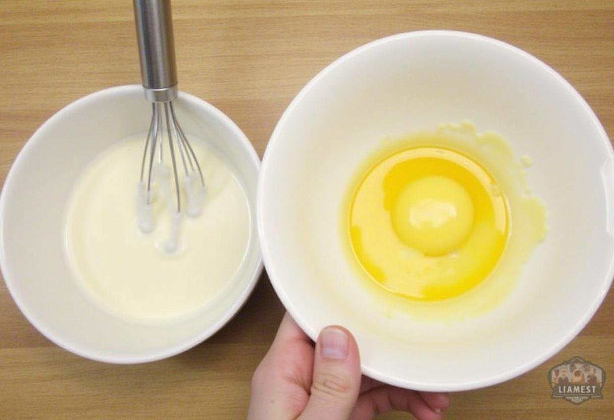 Mélange des ingrédients liquides pour les beignets de carnaval, comprenant du lait, du sucre et des œufs dans un bol, prêt à être ajouté à la pâte.