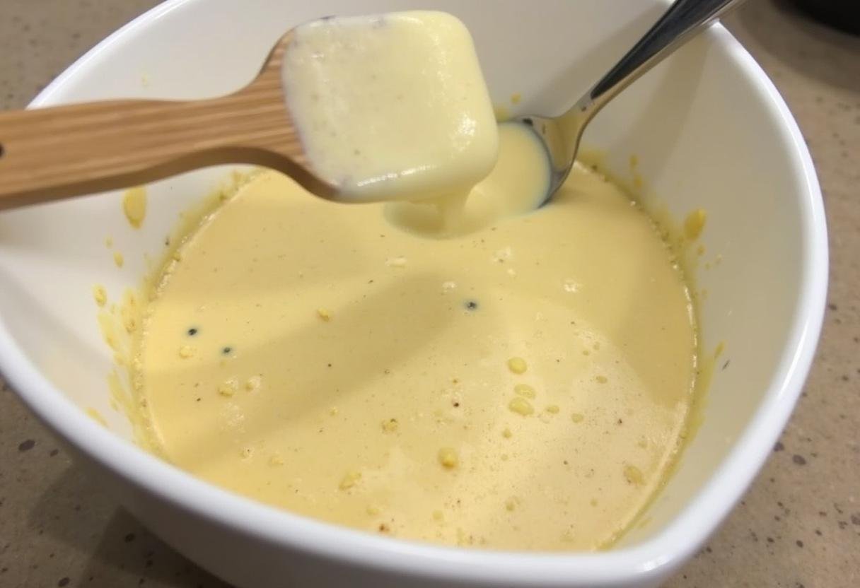 Création de la pâte à beignet de carnaval en combinant les ingrédients secs et humides dans un bol, montrant une consistance épaisse.