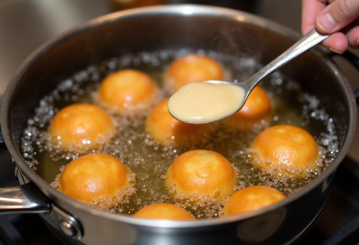 Friture des beignets de carnaval dans une poêle, illustrant le processus de cuisson jusqu'à obtenir une belle couleur dorée.