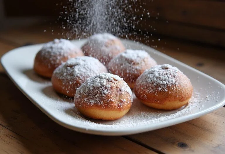 Présentation de beignets au chocolat saupoudrés de sucre glace sur une assiette blanche, illustrant la douceur des beignets portugais.