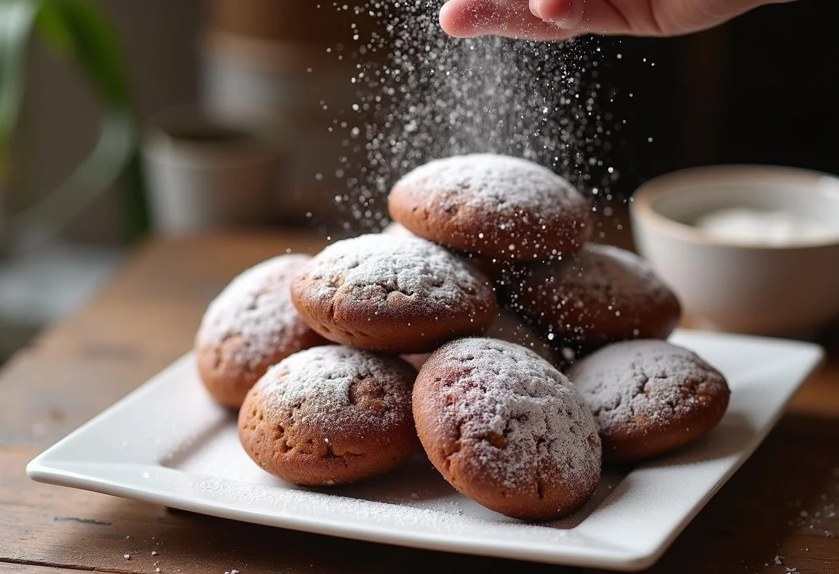 Présentation de beignets au chocolat saupoudrés de sucre glace sur une assiette blanche, illustrant la douceur des beignets portugais.