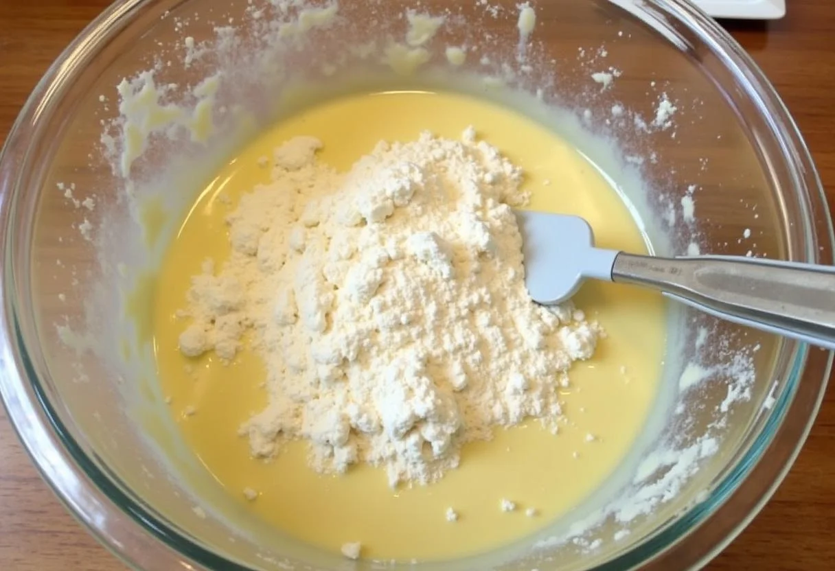 Mélange de farine, sucre et levure pour préparer des beignets au chocolat dans un bol en bois sur un comptoir de cuisine.