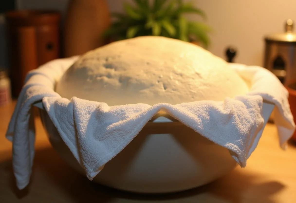 PĂąte Ă beignets au chocolat qui lĂšve sous un torchon dans une cuisine lumineuse, promettant des beignets moelleux.