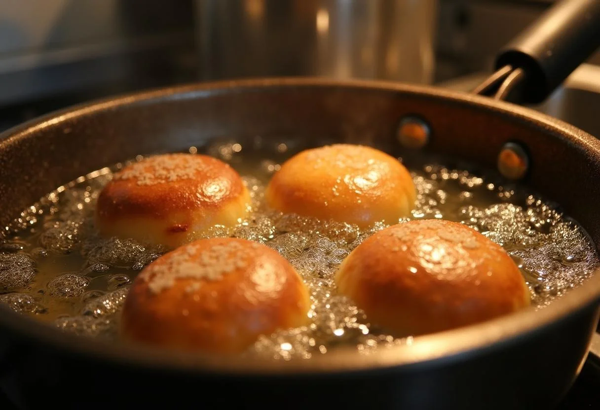 Beignets au chocolat dorés en train de frémir dans une friteuse, leur couleur parfaite et texture croustillante.