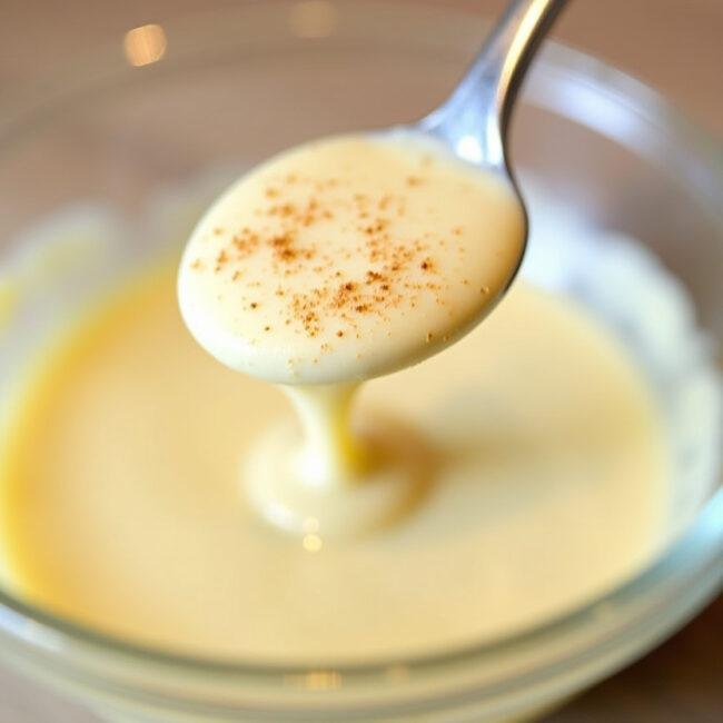 Sauce béchamel vegan crémeuse présentée dans un bol clair, mettant en valeur sa texture soyeuse et une pincée de muscade.