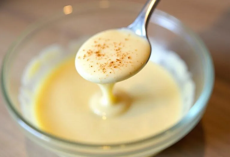 Sauce béchamel vegan crémeuse présentée dans un bol clair, mettant en valeur sa texture soyeuse et une pincée de muscade.
