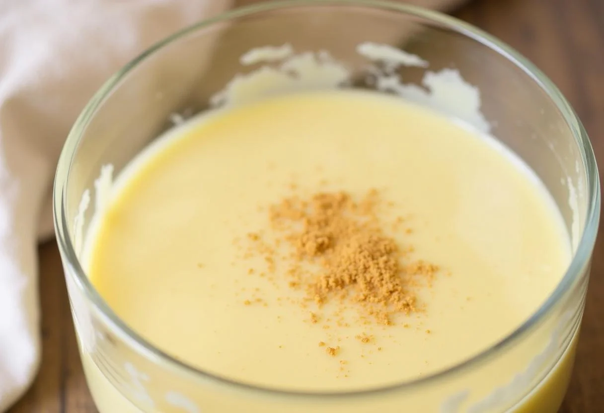 Sauce béchamel vegan crémeuse présentée dans un bol clair, mettant en valeur sa texture soyeuse et une pincée de muscade.
