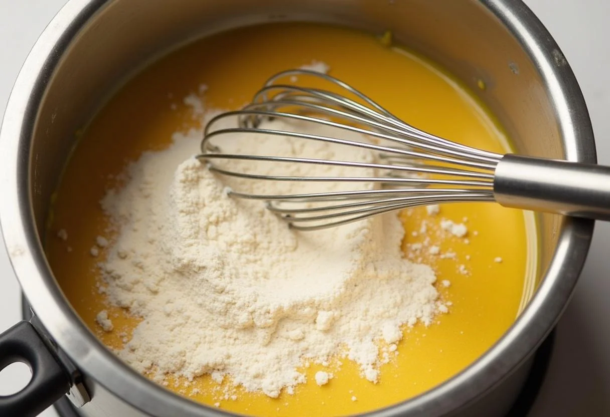Mélanger de la farine tout usage avec le beurre fondu pour créer un roux doré pour la béchamel végétalienne.