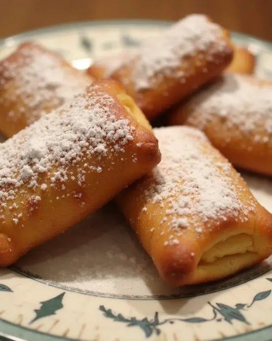 Beignets au sucre chauds présentés sur une assiette décorative, saupoudrés de sucre glace, offrant une allure délicieuse.