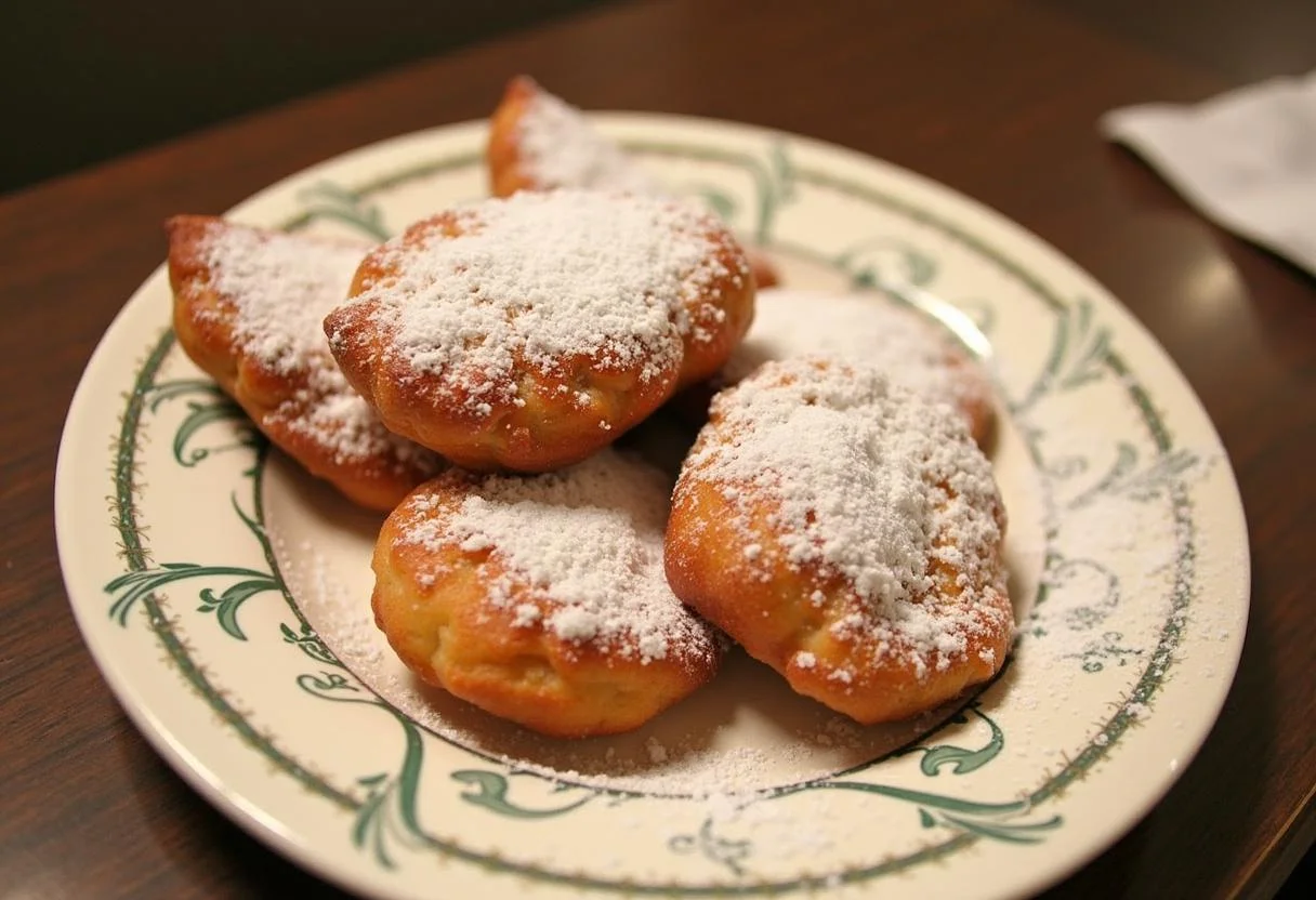 Beignets au sucre chauds présentés sur une assiette décorative, saupoudrés de sucre glace, offrant une allure délicieuse.