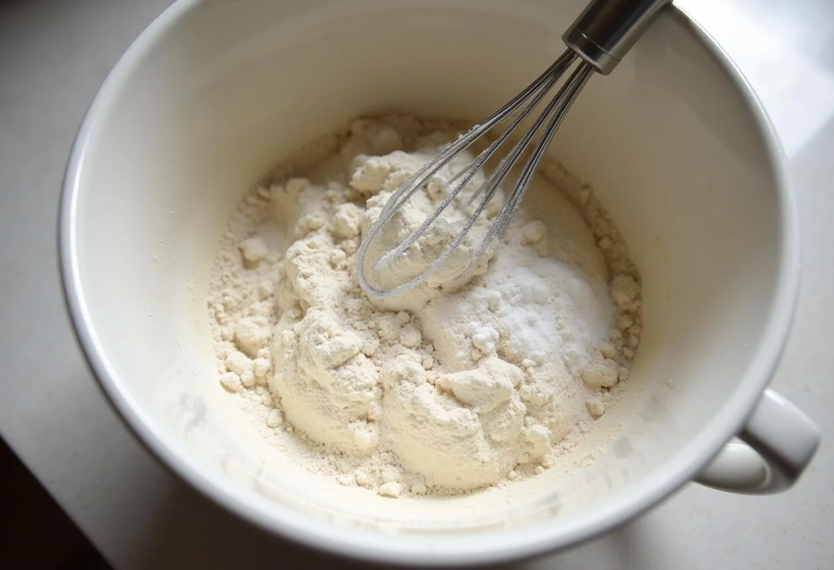 Mélange d'ingrédients secs pour beignets aux sucres, y compris la farine, le sucre et la levure, sur un comptoir de cuisine lumineux.