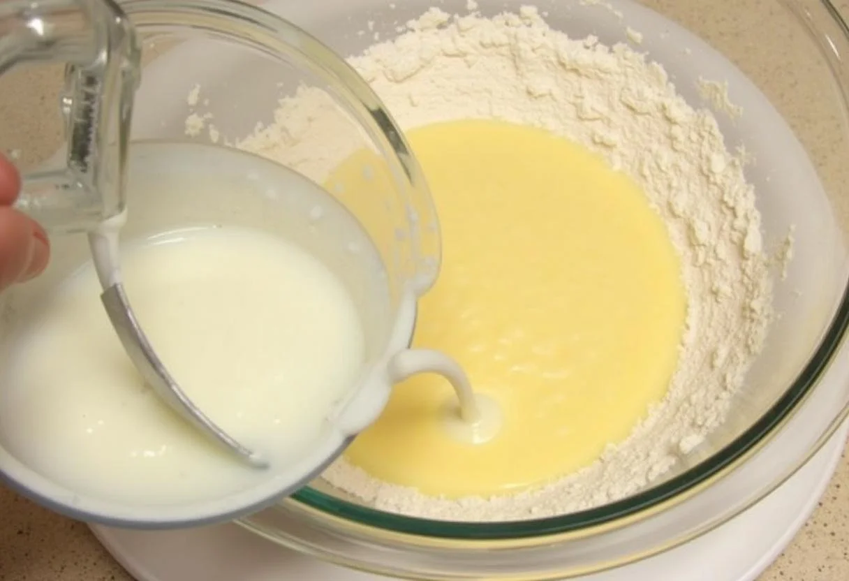 MĂ©lange liquide de lait, d'Ćufs et de beurre fondu pour beignets au sucre, versĂ© dans le mĂ©lange d'ingrĂ©dients secs.