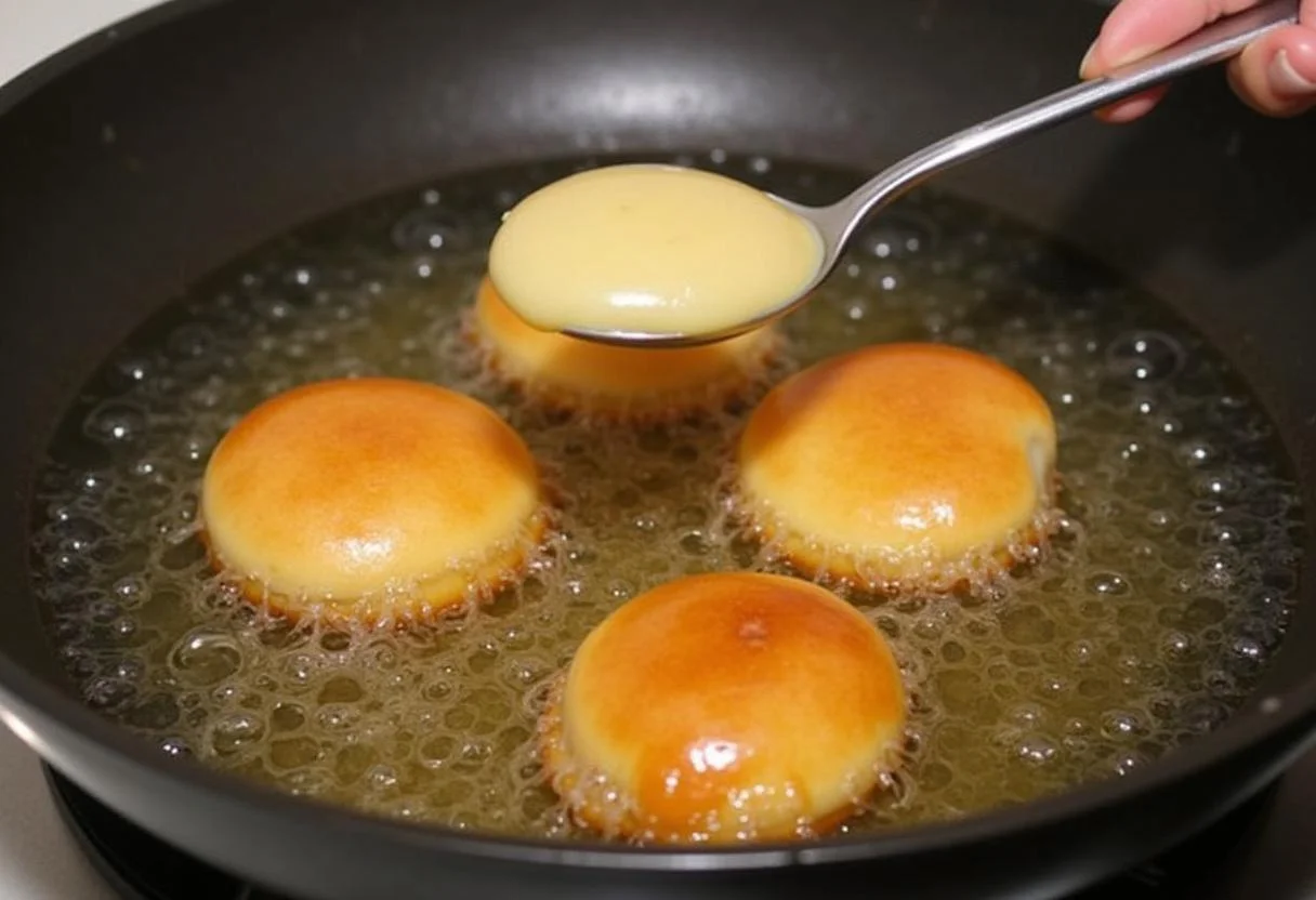 Beignets au sucre frits dans de l'huile chaude, montrant le processus de cuisson dans une casserole profonde.