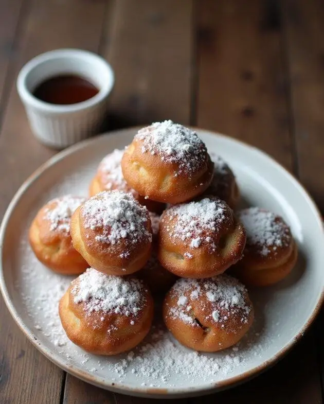 Présentation finale de beignets au chocolat fourrés moelleux, saupoudrés de sucre glace, accompagnés d'une tasse de sauce au chocolat.