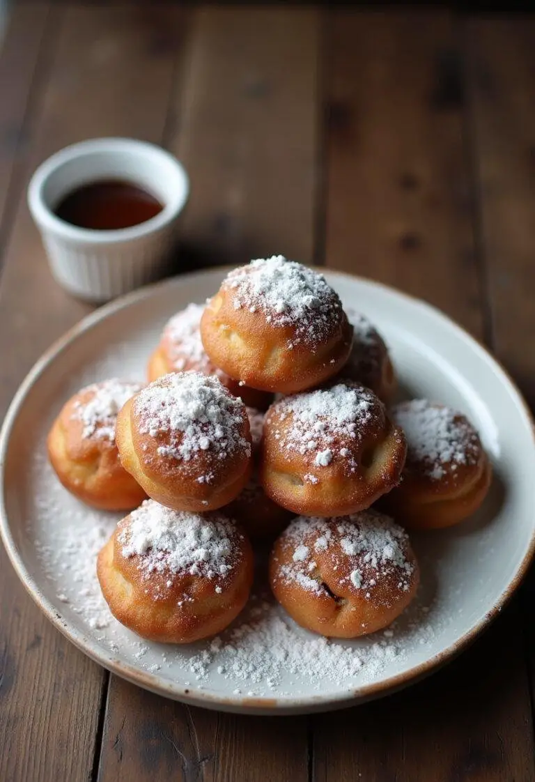 Présentation finale de beignets au chocolat fourrés moelleux, saupoudrés de sucre glace, accompagnés d'une tasse de sauce au chocolat.