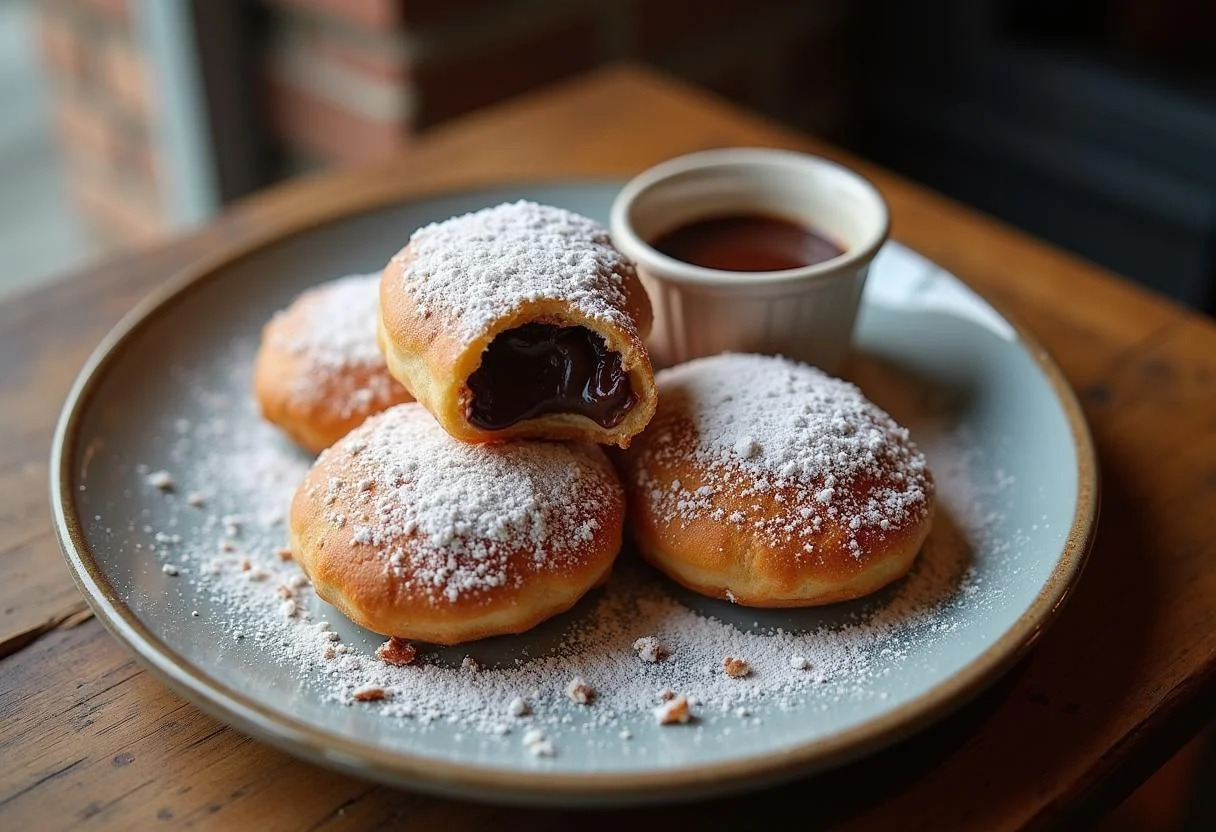 Présentation finale de beignets au chocolat fourrés moelleux, saupoudrés de sucre glace, accompagnés d'une tasse de sauce au chocolat.