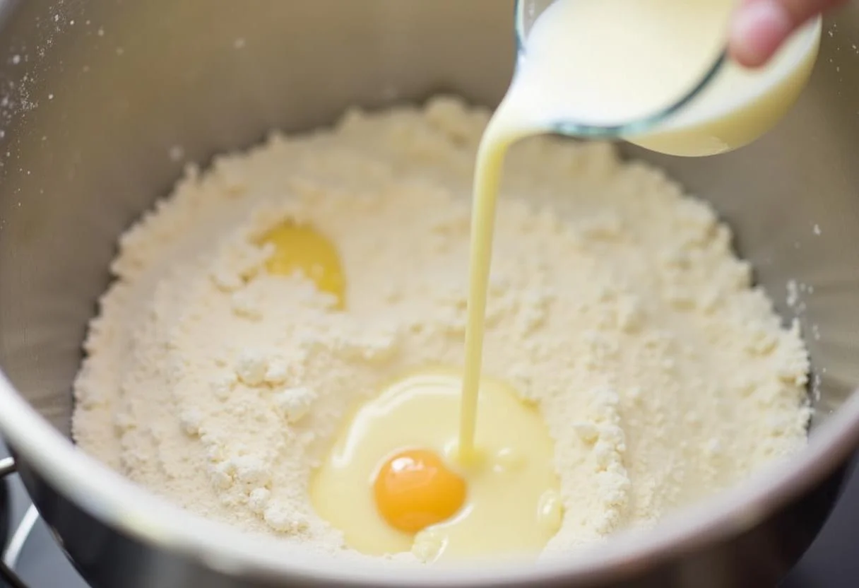 Préparation de la pùte à beignets au chocolat en mélangeant de la farine, du sucre et de la levure avec du lait chaud.