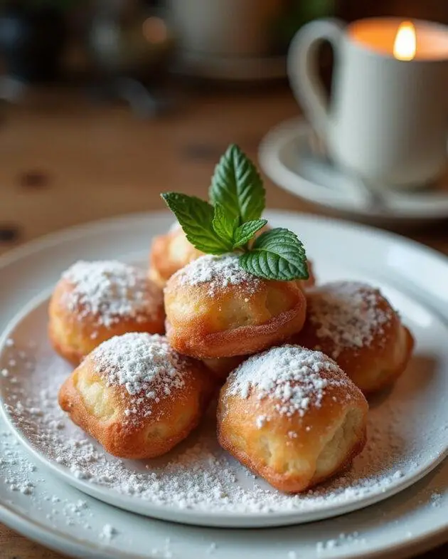 Assiette élégante avec des beignets d'acacia saupoudrés de sucre glace, exemplifiant un dessert irrésistible et savoureux.