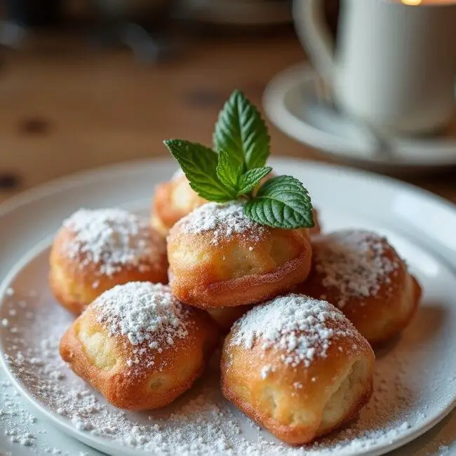 Assiette élégante avec des beignets d'acacia saupoudrés de sucre glace, exemplifiant un dessert irrésistible et savoureux.