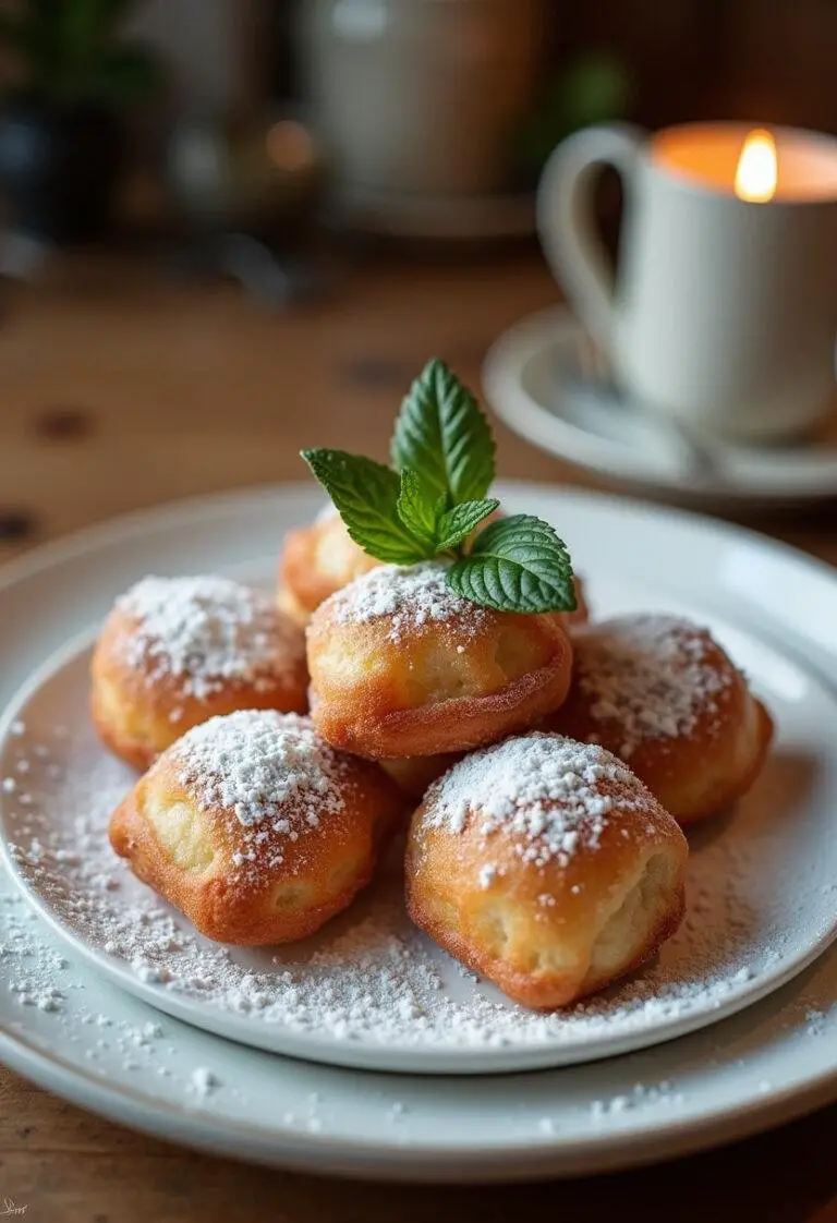 Assiette élégante avec des beignets d'acacia saupoudrés de sucre glace, exemplifiant un dessert irrésistible et savoureux.