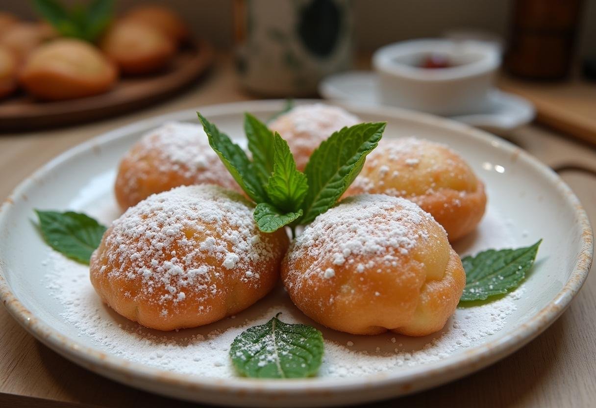 Assiette élégante avec des beignets d'acacia saupoudrés de sucre glace, exemplifiant un dessert irrésistible et savoureux.