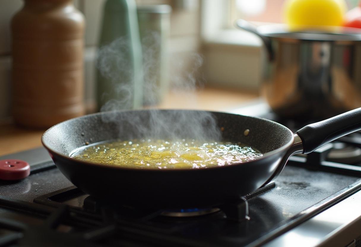 ScĂšne lumineuse de cuisine avec un pot d'huile chauffĂ©e pour la friture des beignets d'acacia, prĂȘt Ă savourer un dĂ©lice croustillant.