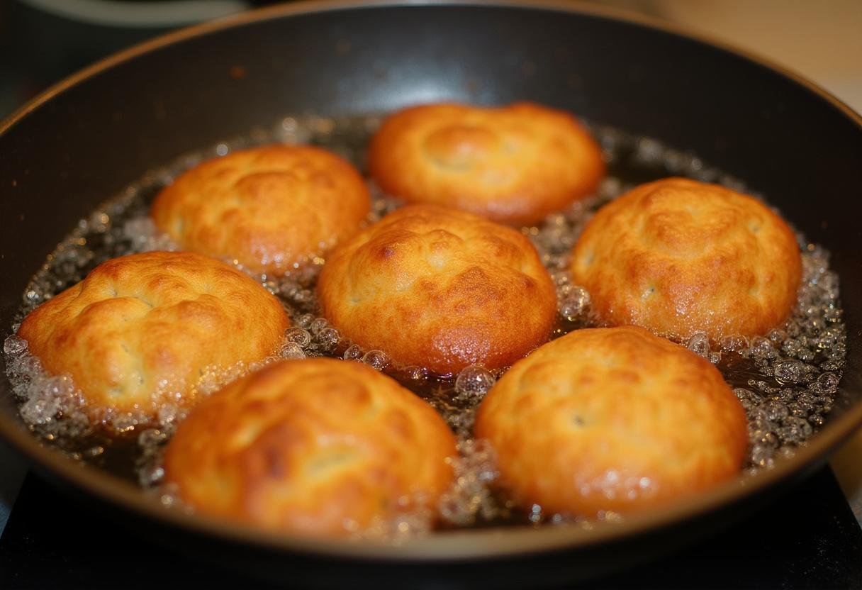 PoĂȘle friteuse avec des beignets d'acacia dorĂ©s, illustrant la cuisson dĂ©licieuse et croustillante des beignets d'acacia.