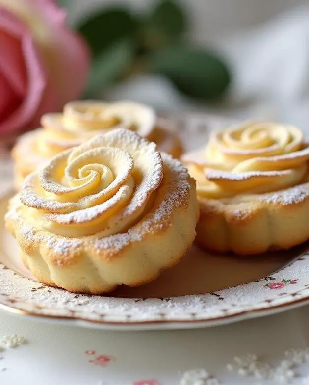 Biscuit rose de Reims traditionnel joliment présenté sur une assiette décorative avec une légère poussière de sucre glace.