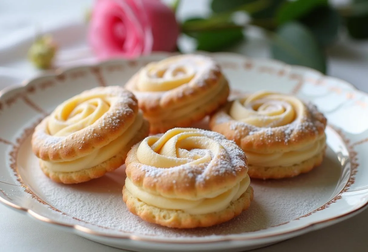 Biscuit rose de Reims traditionnel joliment présenté sur une assiette décorative avec une légère poussière de sucre glace.