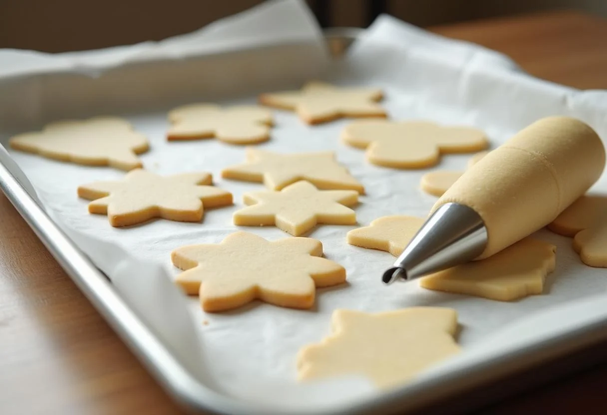 Pâte à biscuits roses de Reims en cours de préparation sur une plaque de cuisson, avec des formes à la poche à douille.